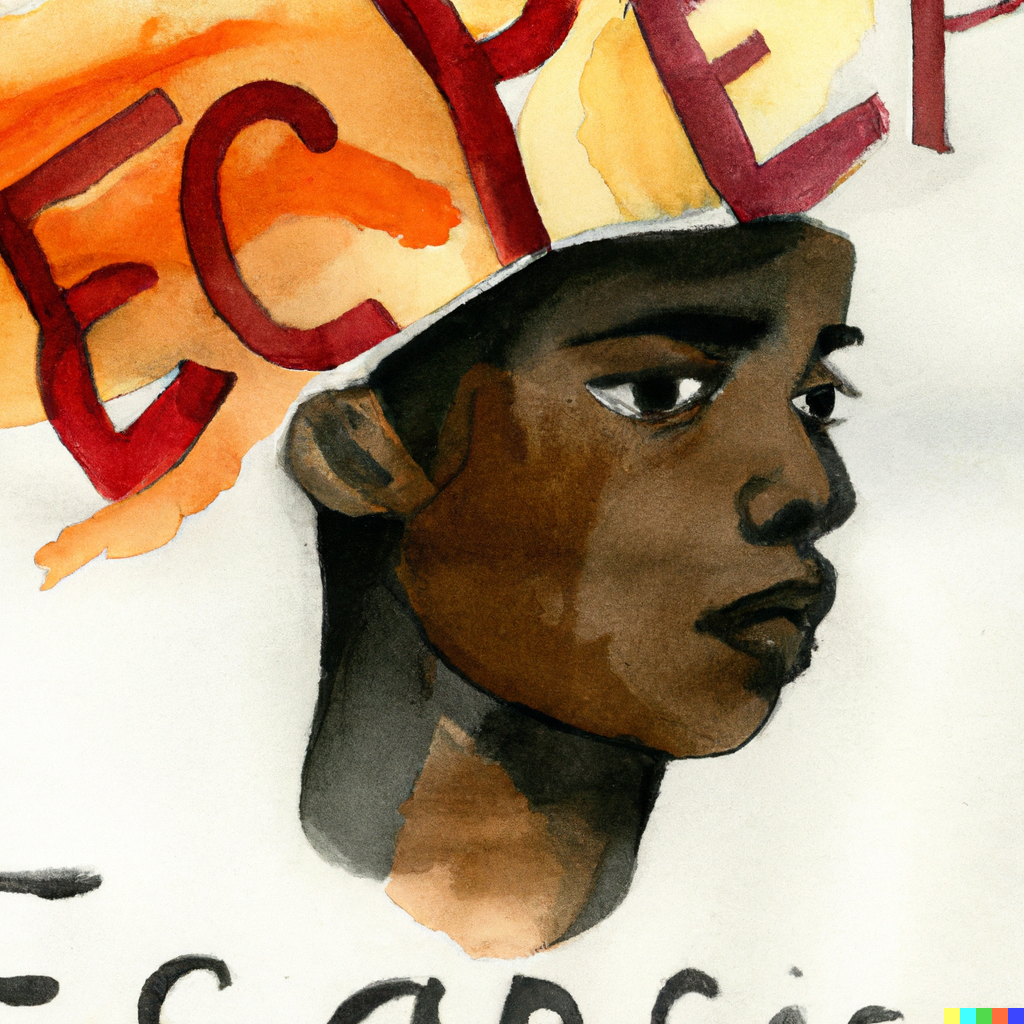 GenAI prompt: a water colour painting of a black man with twisted words coming out of him head that says,”you can’t escape”, surreal art
