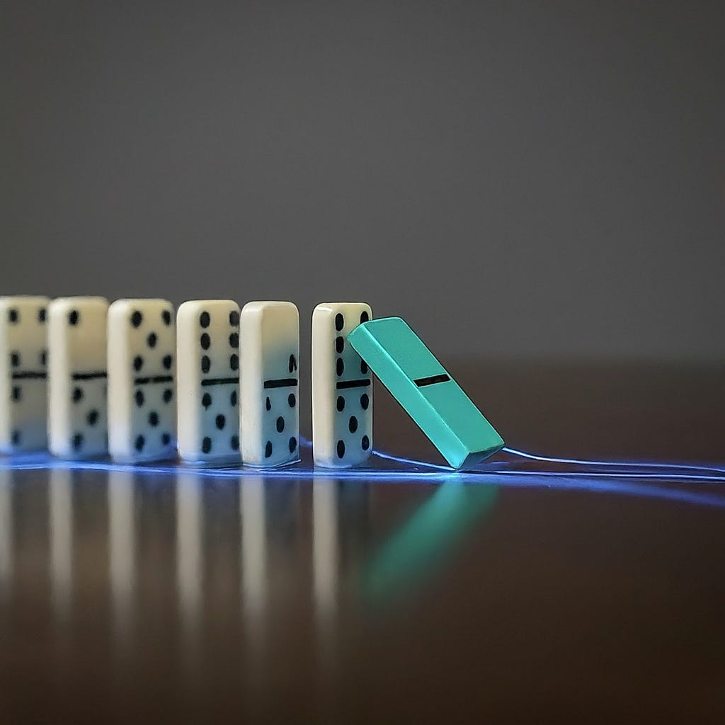 Row of dominoes falling one at a time, illustrating the interconnectedness of business sustainability practices.