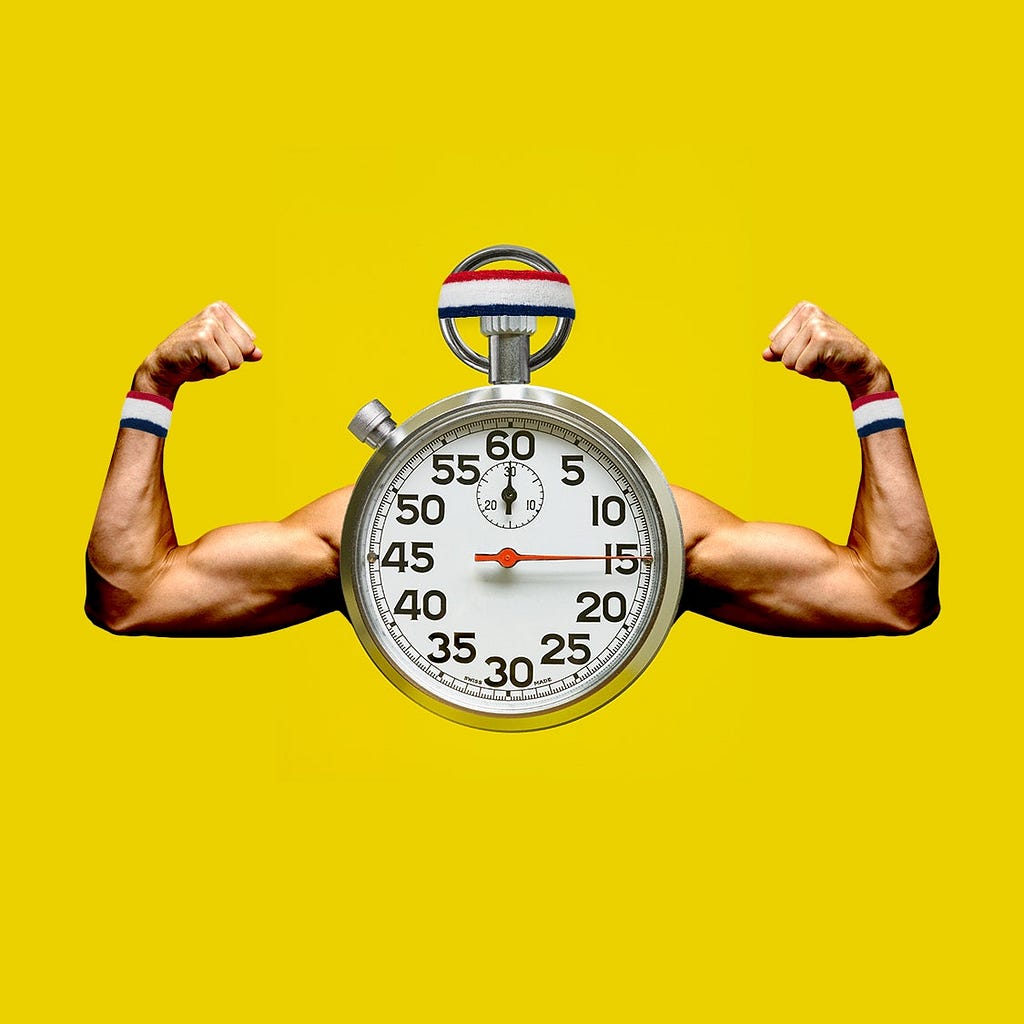 The image shows a stopwatch with two muscular arms each side.
