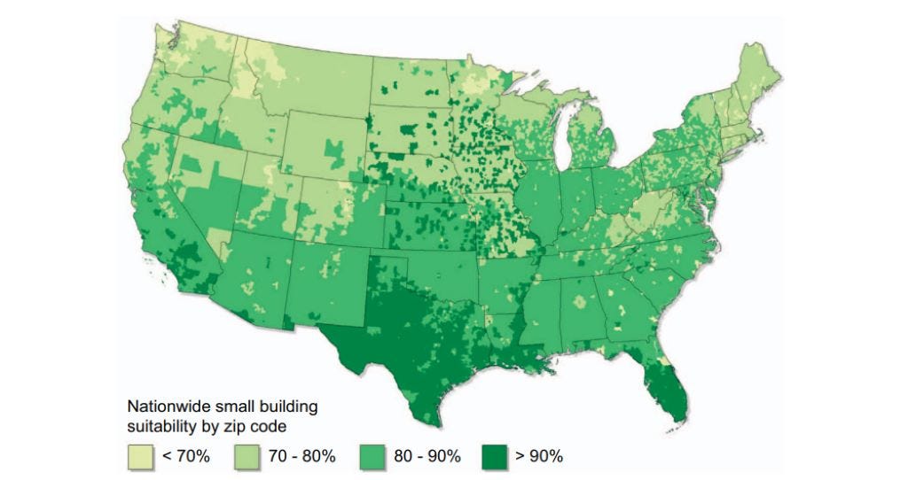 U.S. map showing percentage of small structures in each contiguous United States ZIP code having at least one roof type suitable for photovoltaics