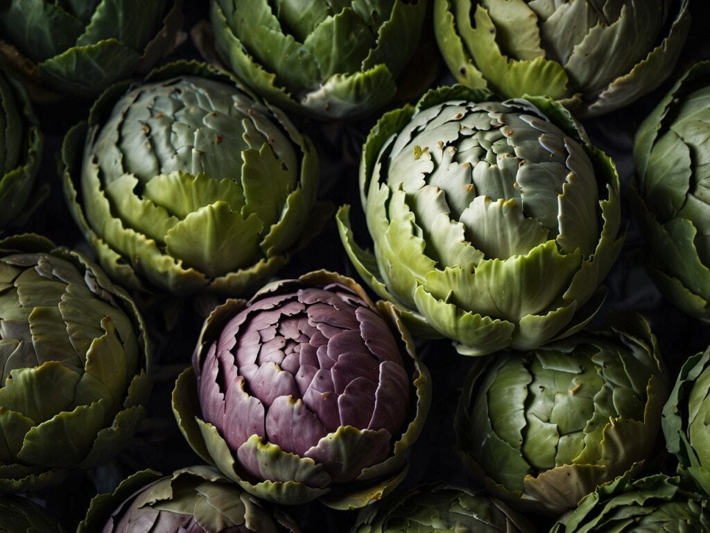 Close-up of multiple green and one purple hydroponic artichoke heads with detailed textures on their leaves.