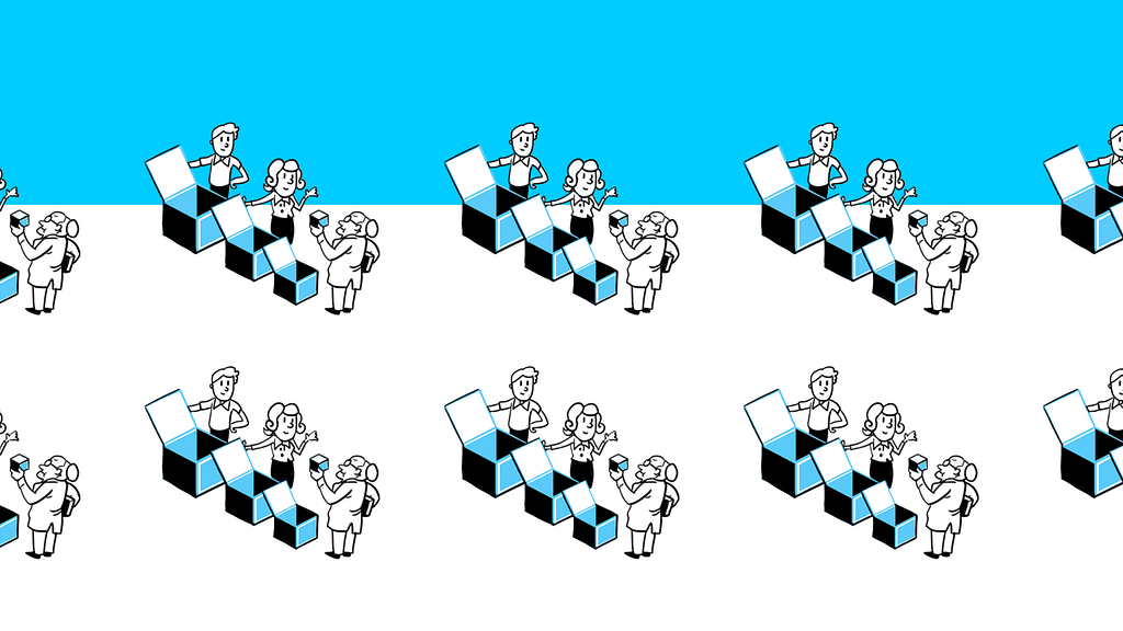 Illustration showing people opening a box just to find another box inside, until the smallest box is found.