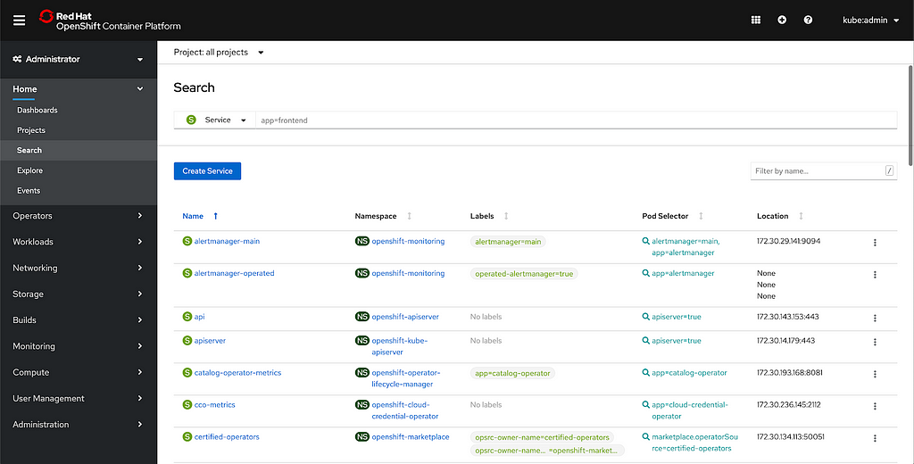 Original Red Hat OpenShift search page