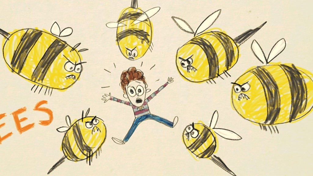 Journal entry of a drawing of bees attacking a boy: animation