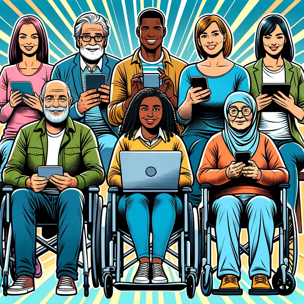 A colourful illustration style image of people with disabilities accessing information on digital devices.