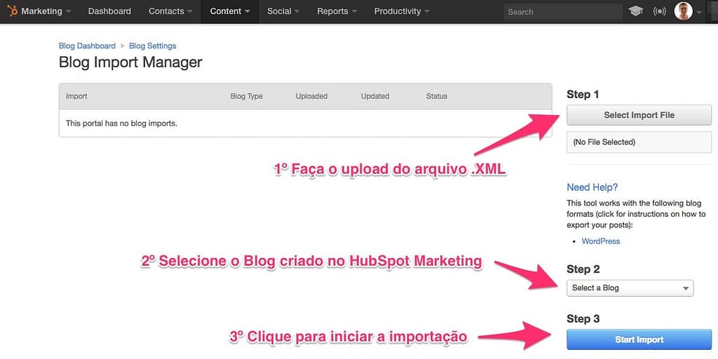 No Blog Import Manager faça o upload do arquivo de exportação do WordPress e inicie o processo de importação