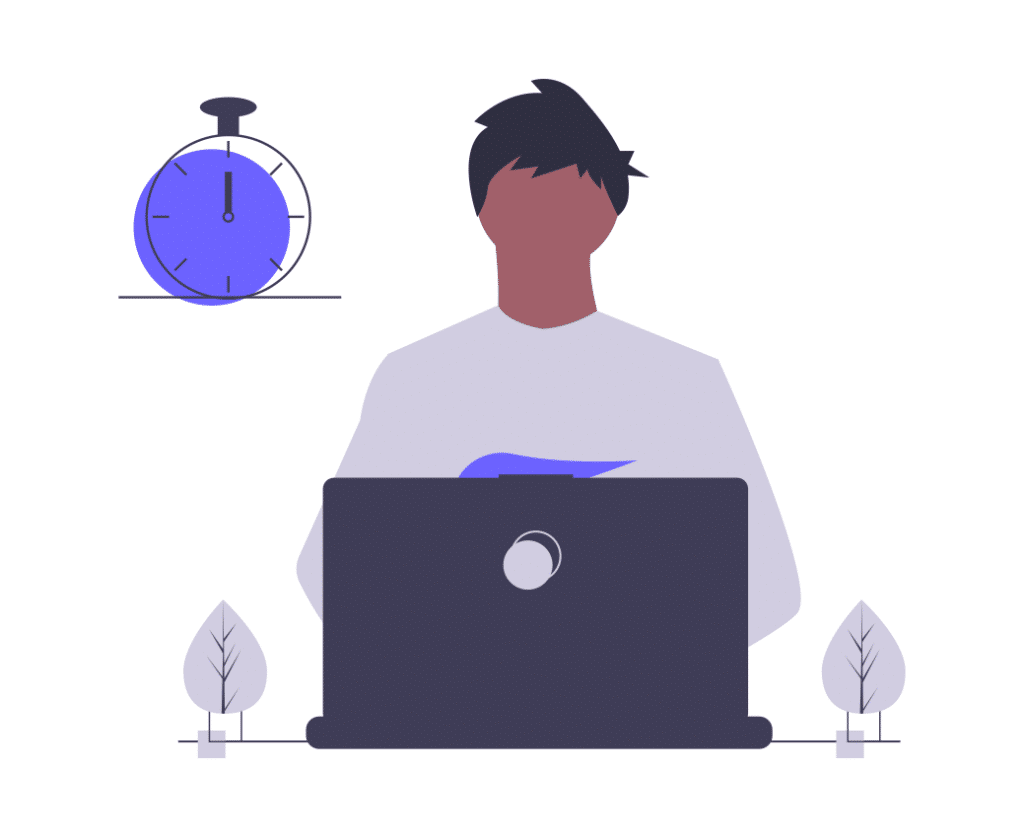 An illustration of a man sitting at his laptop with an abstract clock in the background. 