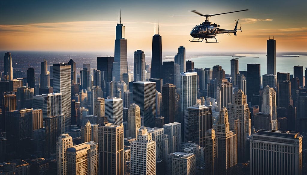 Helicopter flying over Chicago.