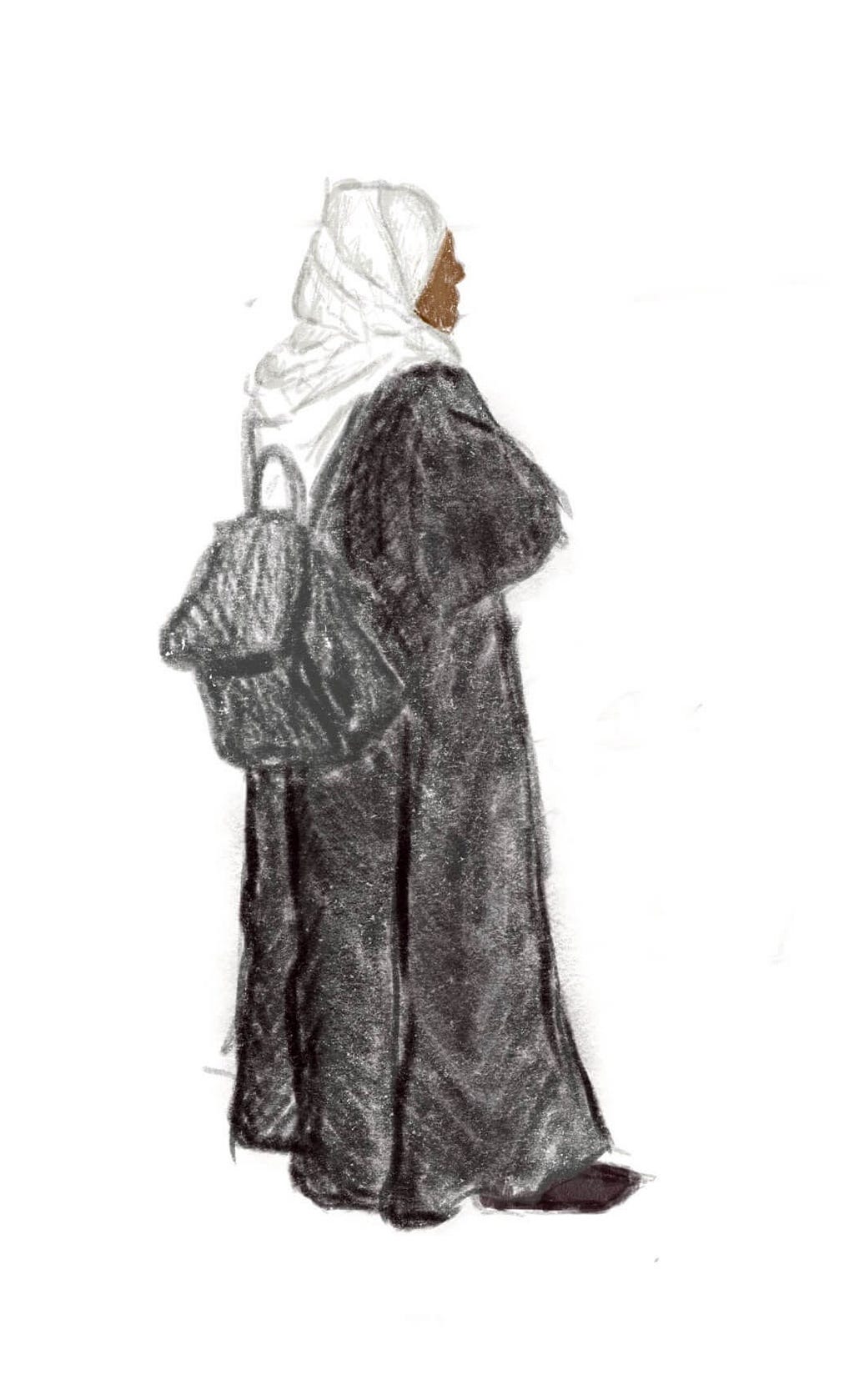 An illustration of a black woman wearing white headscarf and a black long dress with a dark grey backpack on her back