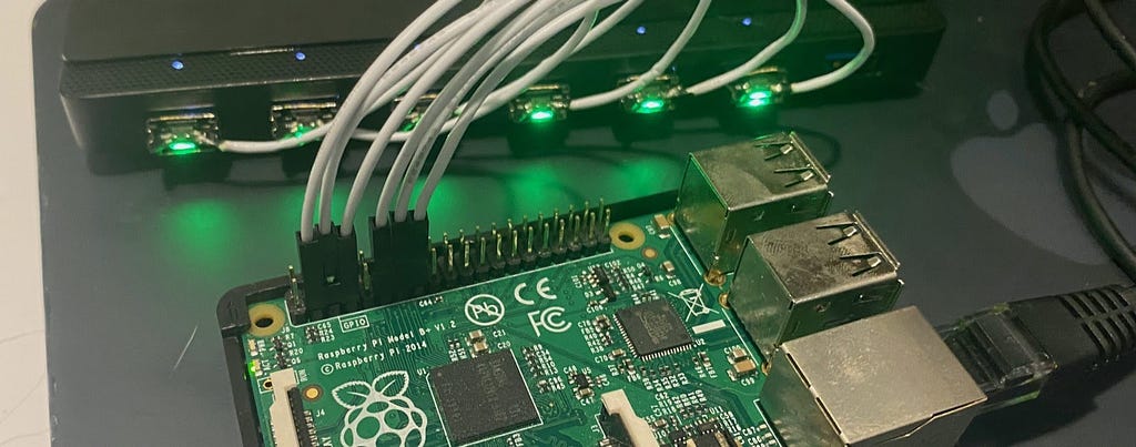 6 lite HyperFIDO keys connected to a USB hub and attached to a Raspberry Pi