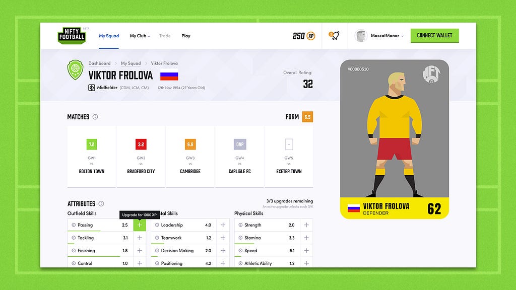 Player page showing all attributes