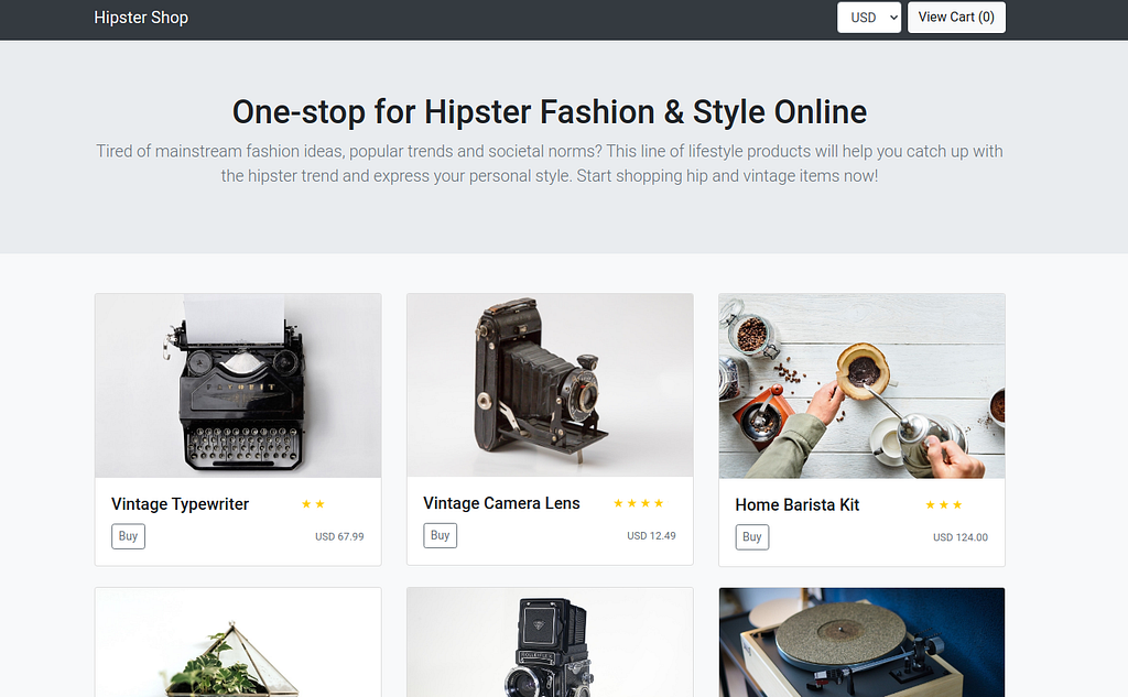 PrintScreen of the Hipster Shop homepage.