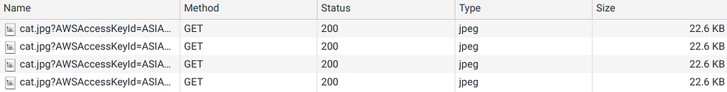 five columns: name, method, status, type, size. five rows with same information: cat.jpg?AWSAccessKeyId…, GET, 200, jpeg, 22.6kb