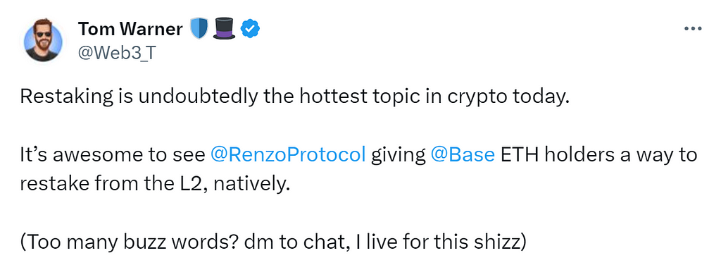 Restaking is undoubtedly the hottest topic in crypto today. It’s awesome to see @RenzoProtocol giving @Base ETH holders a way to restake from the L2, natively.