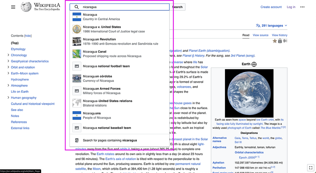 A wikipedia page featuring the search function using Nicaragua as the search term