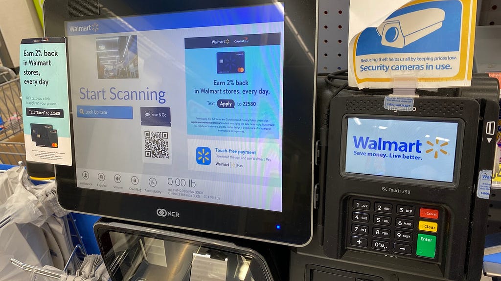 Self checkout machine from Walmart that reads Start Scanning