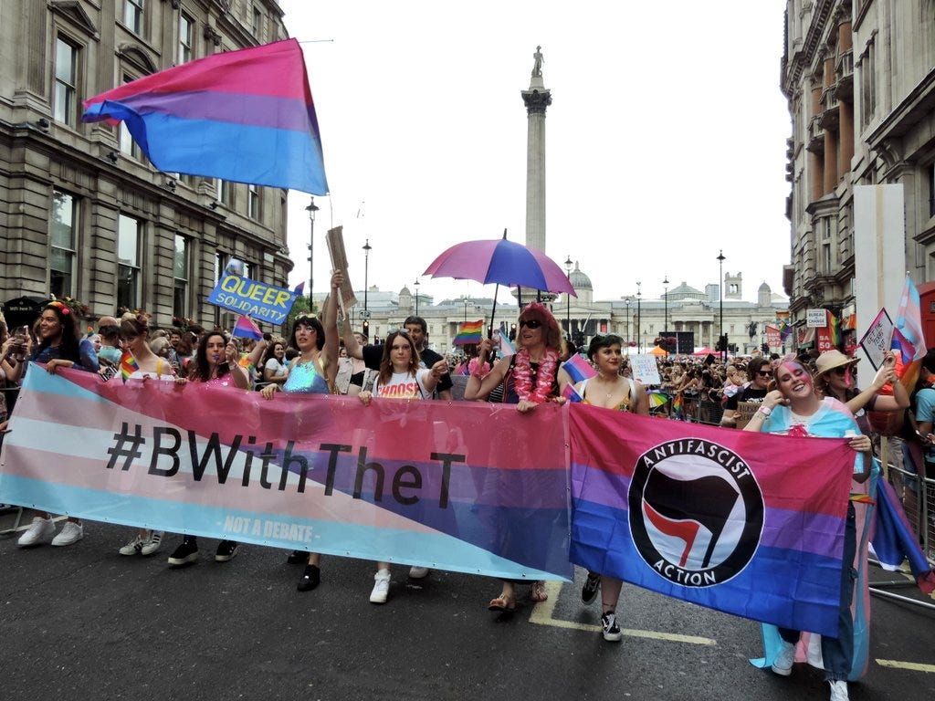 People marching holding banners in the colors of the bi+ and trans flags that say “#BWithTheT” and “antifascist action.”