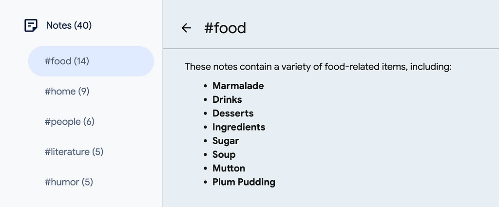 An AutoNotes screenshot of an AI-generated summary for the note category #food (for notes adapted from Alice’s Adventures in Wonderland). The summary reads: “These notes contain a variety of food-related items, including: marmalade, drinks, desserts, ingredients, sugar, soup, mutton, plum pudding.” On the left, the navigation panel features note categories #food (currently selected), #home, #people, #literature, and #humor.