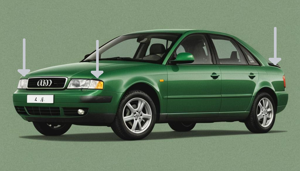 Audi A4 B5 verde estacionado. Carrocería de 4 puertas, líneas fluidas, llantas aleación. Flechas indican puntos para prueba de rebote. Modelo: Audi A4 B5 (1994–2001)