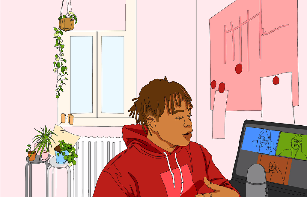 Illustration of a man in an office with plants around the window. He is on a video call on his computer.