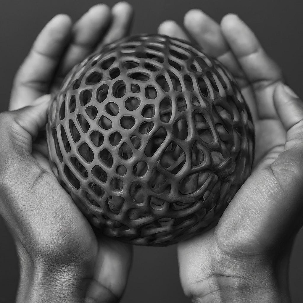 Two hands gently holding a dark, intricately designed hollow sphere, representing unity and collective effort towards achieving No Poverty (SDG 1).