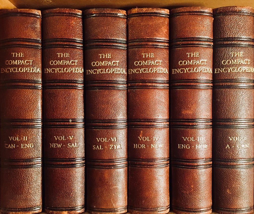 A series of volumes of an encyclopaedia. Just as a series of files make a dataset, so these volumes make an encyclopaedia.