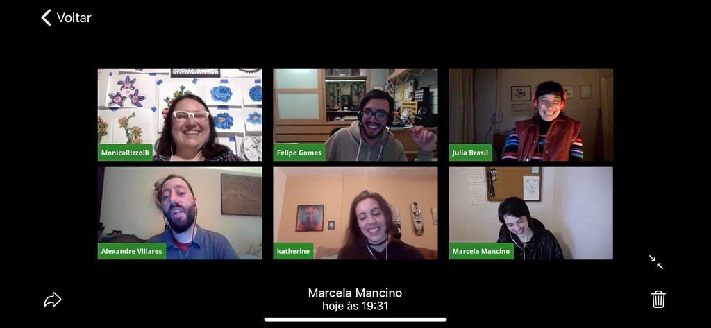 A screenshot of six livestreams. In the corners of each person’s image are their names: Monica Rizzoli, Felipe Gomes, Julia Brasil, Alexandre Villares, katherine, and Marcela Mancino.