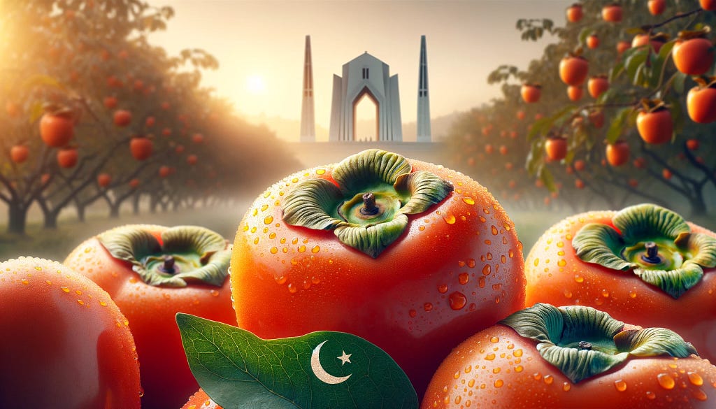 An elegant and stylized banner image featuring a close-up of a cluster of glossy, ripe Japanese persimmons (Japani Phal) with dew drops on their vibrant orange skin, set against a blurred orchard background. Overlaid on the image is the calligraphic text ‘Japani Phal’ in bold, artistic Urdu script, with a subtle silhouette of the Pakistan Monument in Islamabad integrating into the lettering as a watermark to represent the fruit’s place in Pakistan.