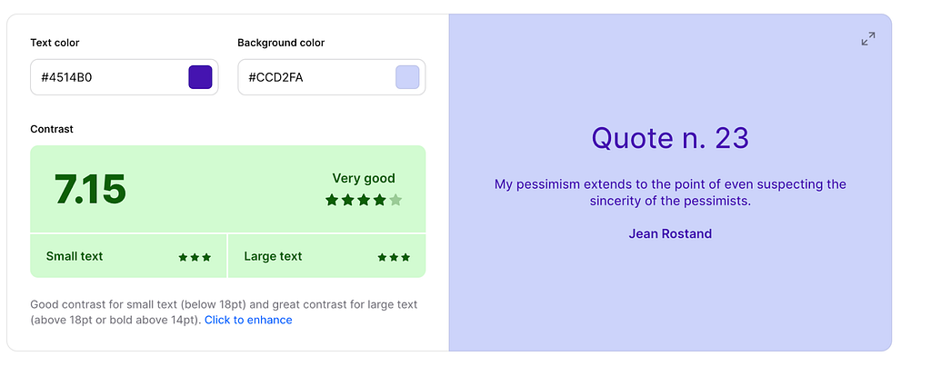 Contrast checker from Coolors.co showing the text accessibility for different purple contrasts