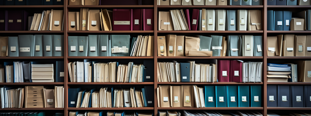 an organized shelf of file folders next to a large library — IA Midjourney generated image