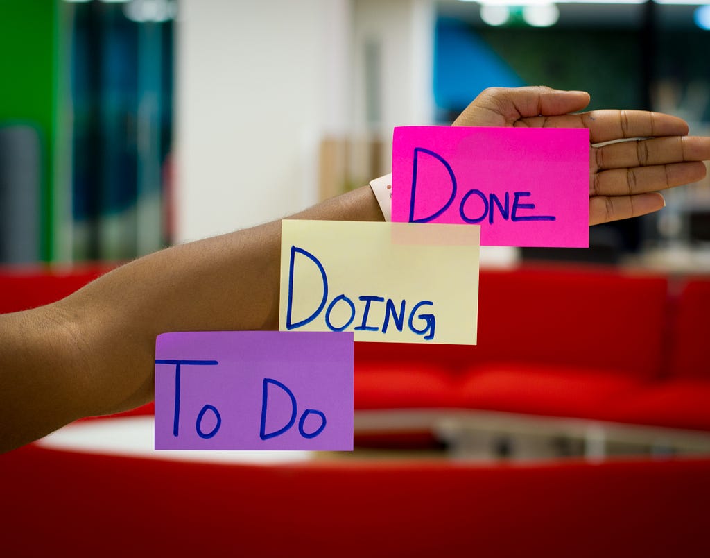 Arm holding three post-it notes with the words “to do”, “doing” and “done” in purple, yellow and pink colors.
