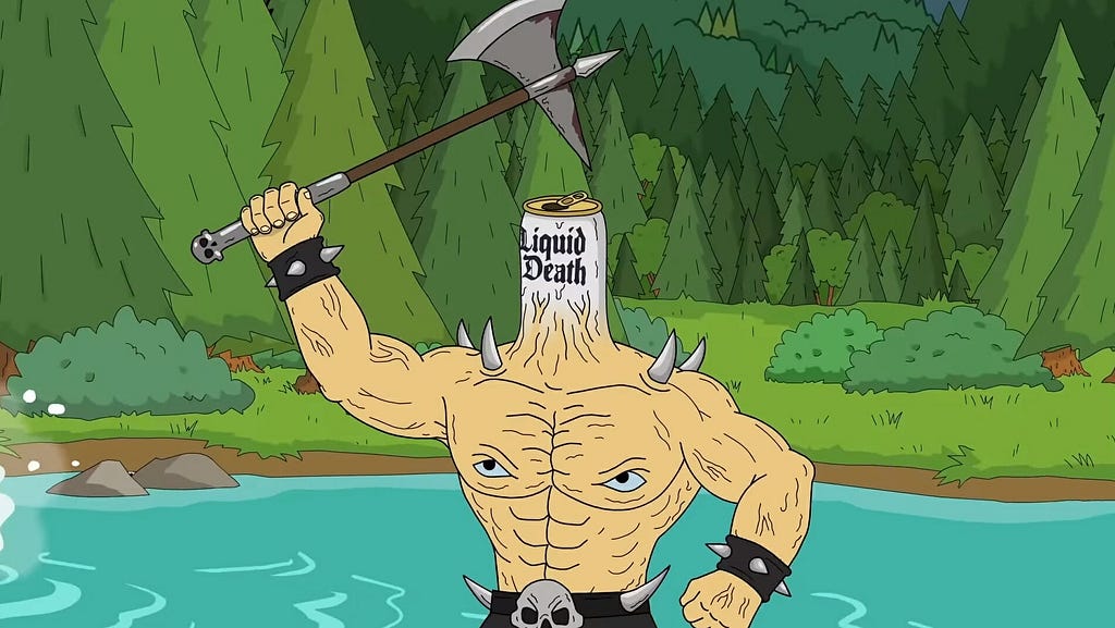 Cartoon drawing of Liquid Death mascot carrying an axe.