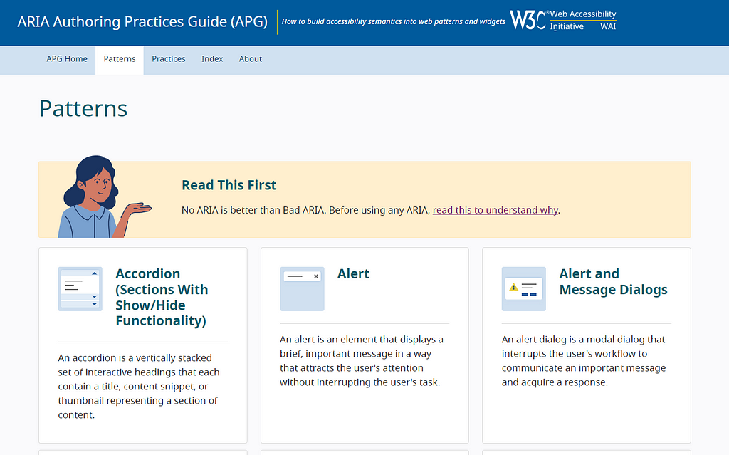 ARIA Authoring Practices Guide (APG) 的設計與開發模式指南，提供了多種常見元件的模式，來幫助設計師與開發者以正確的方式打造無障礙元件