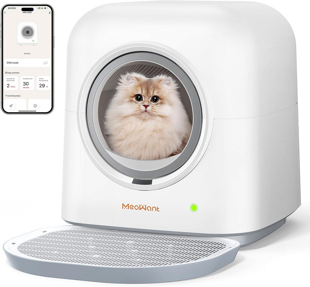 MeoWant Bac à Litière Autonettoyant pour Chat, Bac à Litière Automatique Entièrement Fermé pour Plusieurs Chats, Ultra Sûr/Contrôlé par APP/Désodorisant, avec Tapis  Sac Poubelle  Déodorant