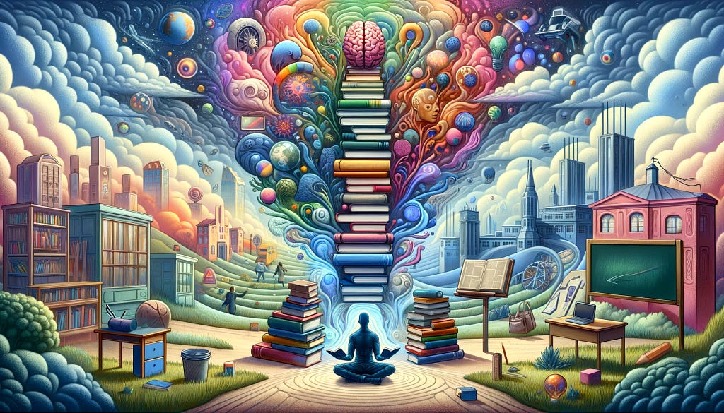 A person sitting amid a large pile of colorful books, with a whimsical landscape consisting of a school setting with a chalkboard, through a futuristic university, to a sci-fi environment with futuristic buildings