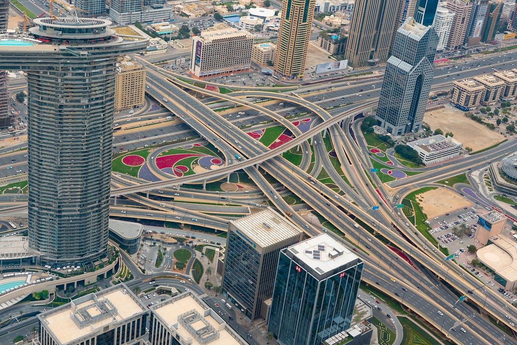 A chaotic highway scene from above.