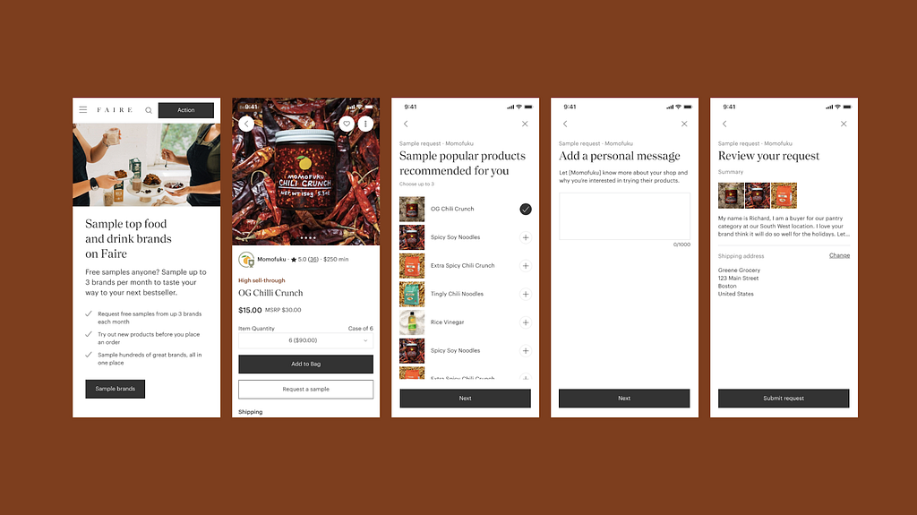 Five screens showing the sampling experience: an ad for sampling; a product page for a chili crisp sample; a list of other related product samples; a screen showing how to add a personal message with sampling; and a page to review a sample request before submitting the order.