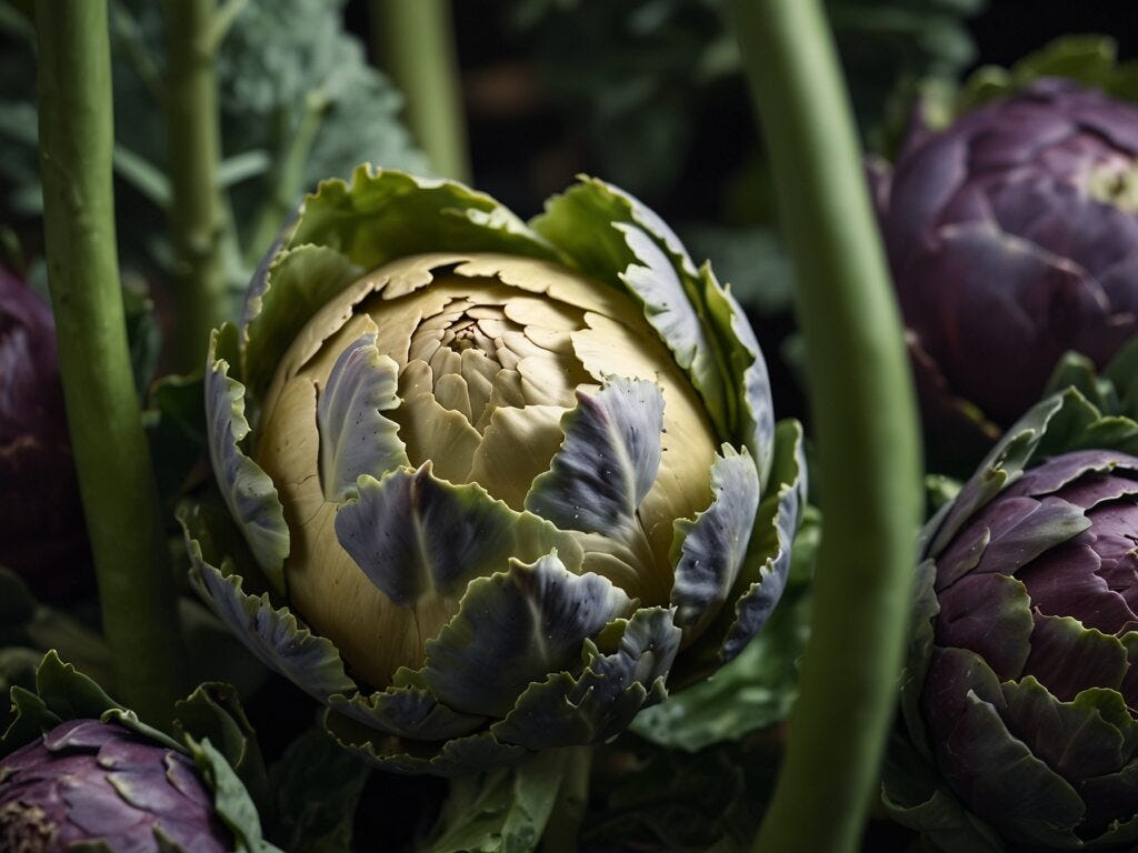 Close-up of a fresh hydroponic artichoke with green and purple leaves, surrounded by other artichokes, highlighted in soft lighting.