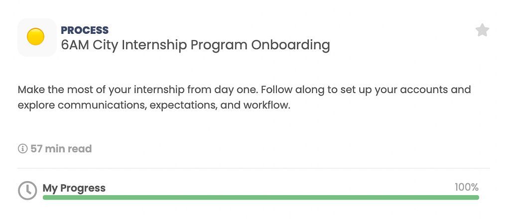 Trainual subject (“Internship Program Onboarding) with progress bar showing 100% completion.