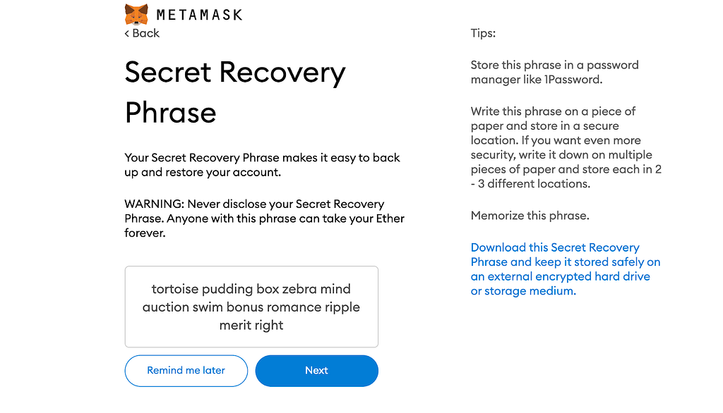 Store the secret recovery phrase