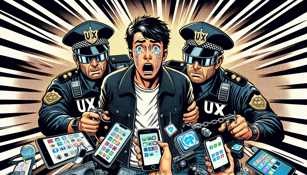 A young man crying while being arrested by the UX police
