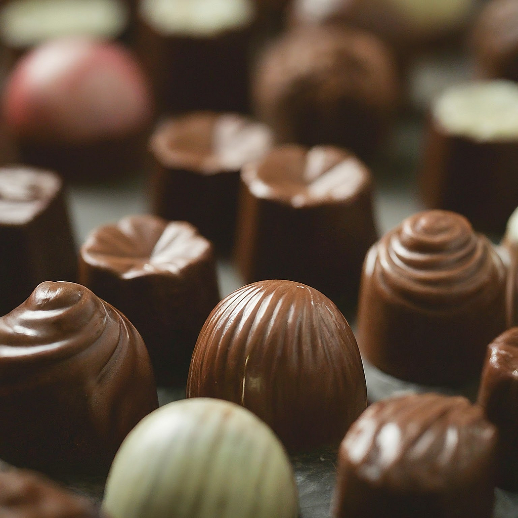 A close-up view of assorted chocolates, highlighting the contrast between their tempting appearance and the hidden issue of child labor in the chocolate industry.