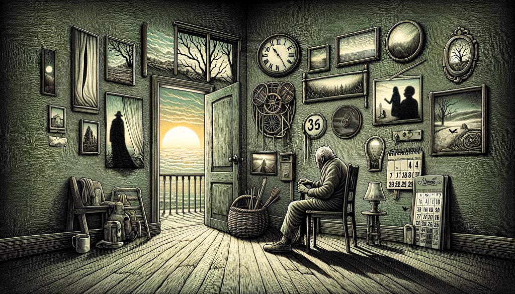An old man looks out the door of a dark room, bathing quietly in the cool light of a sunset over water. In the dimming room, photos and clocks hand. A calander leans against a wall. Shadows lengthen.
