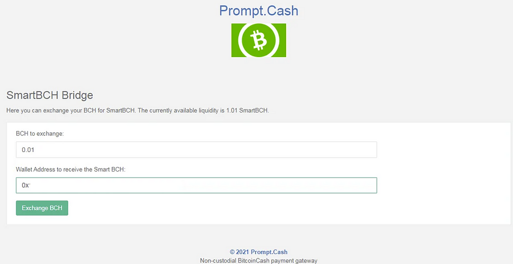 prompt.cash welcome screen, asking for amount to send and address of SmartBCH