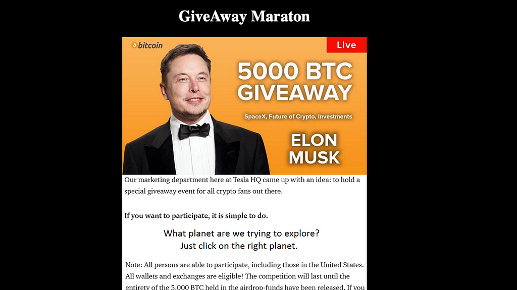 Screenshot of a scam website falsely claiming a 5000 BTC giveaway using Elon Musk’s image.