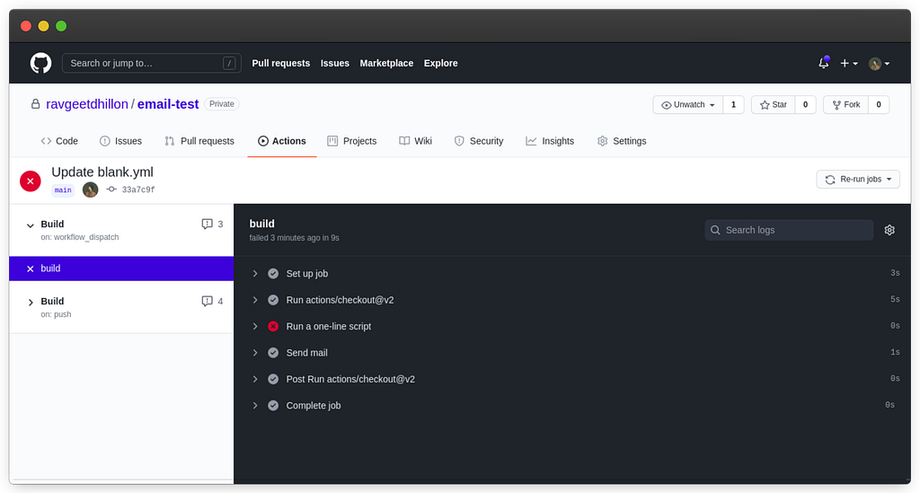 Github Actions workflow failed deliberately