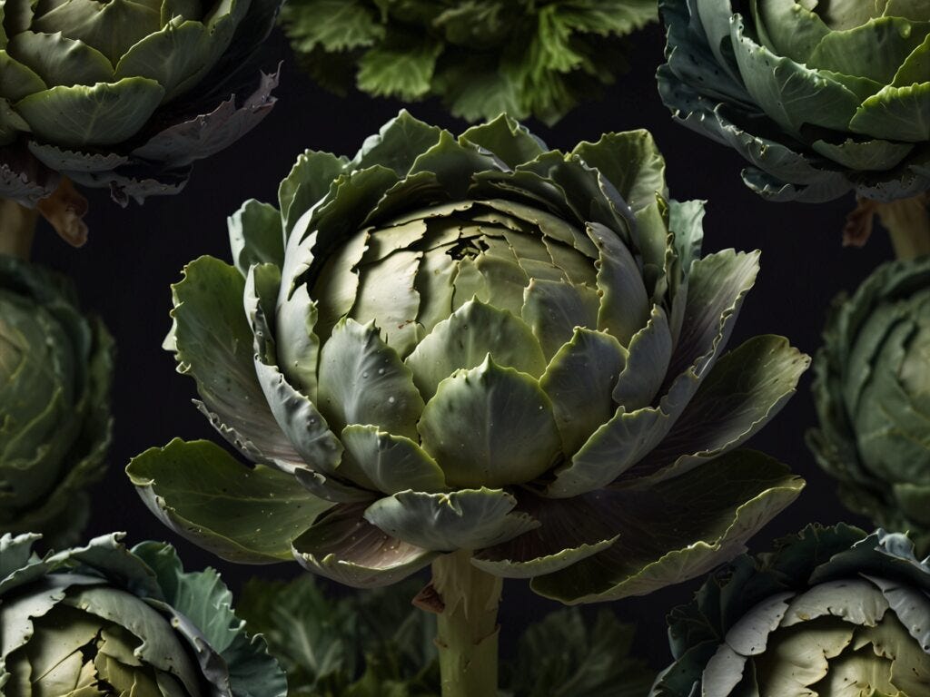 A detailed image of fresh hydroponic cabbage heads with textured leaves, arranged against a dark background.