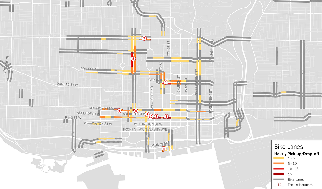 A map of Downtown Toronto with bike lanes in darker grey and significant PUDO activity near bike lanes highlighted.