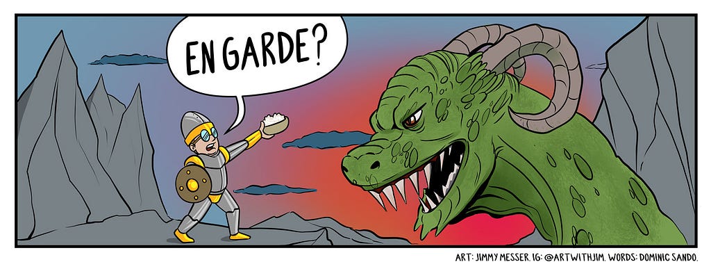 Man in armour holding up a bowl of rice saying “En Garde” facing a big dragon