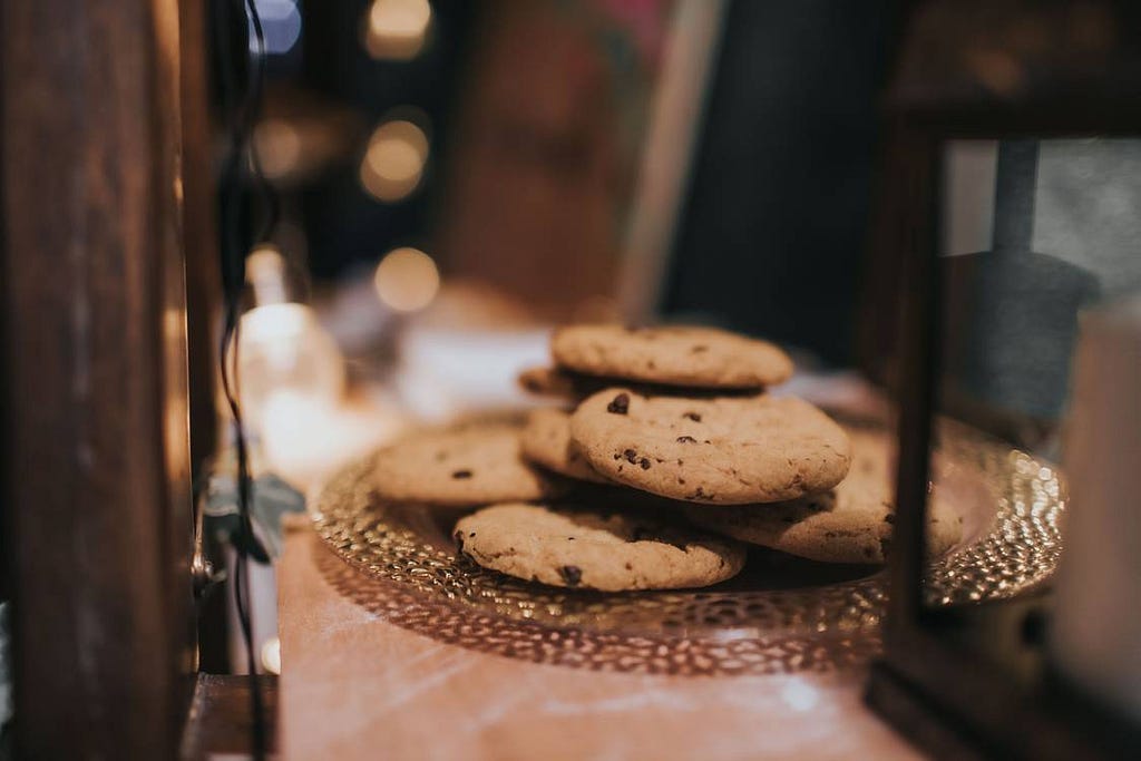 A close up of a plate of chocolate chip cookies